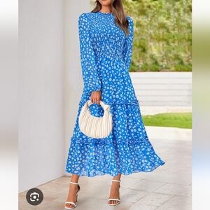 Vibrant Blue Floral Dress with Chic Cream Bag